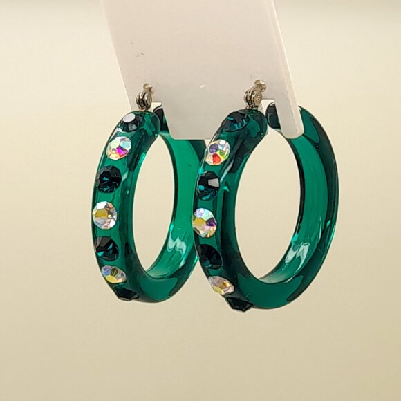 dark green Lucite Acrylic wide 1.5 inch Hoop Latch Back Fashion vintage Earrings - Picture 1 of 4